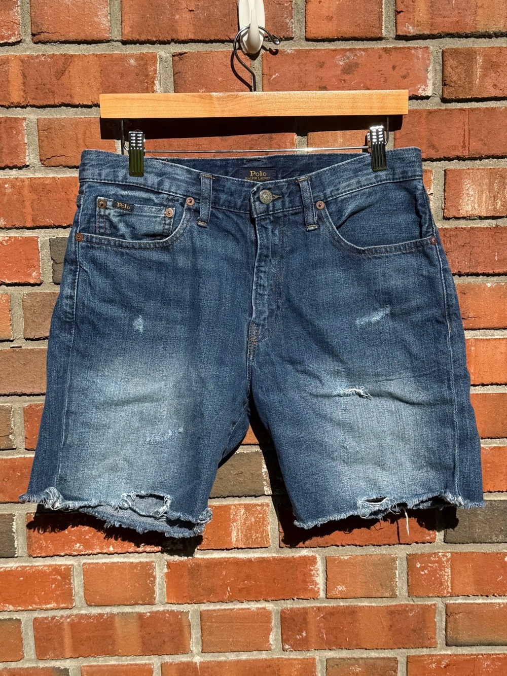Polo by Ralph Lauren The Sullivan Slim Distressed Dark Blue Denim Shorts Size 32